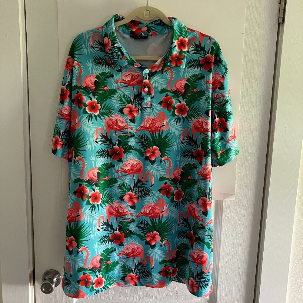 Yatta Golf Polo Shirt Men’s XXL Blue Flamingo Floral All Over Print.